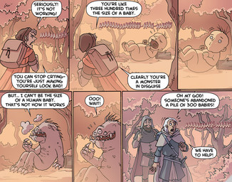 3_eyes bodily_fluids crying dialogue drooling forest group log male multi_eye neonate not_furry outside plant saliva speech_bubble tears text tree weeping_woods wood young oglaf human mammal monster comic english_text
