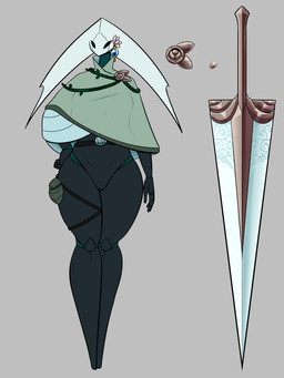 2_horns anthro biped black_body black_eyes clothing ear_piercing ear_ring empty_eyes featureless_crotch female fingers grey_background horn melee_weapon piercing ring_piercing simple_background solo standing weapon latiar hollow_knight_(franchise) team_cherry fan_character lavenia_(latiar) arthropod 2026 hi_res