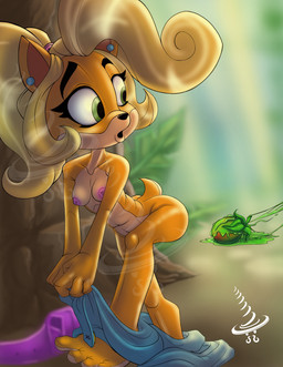 anthro big_butt breasts butt clothing curvy_figure female food fruit fur hourglass_figure imminent_sex imminent_tentacle_sex nipples orange_body orange_fur plant slime small_breasts small_waist solo standing tail tentacles undressing wumpa_fruit dapperscrew activision crash_bandicoot_(series) coco_bandicoot bandicoot mammal marsupial absurd_res distracting_watermark hi_res watermark