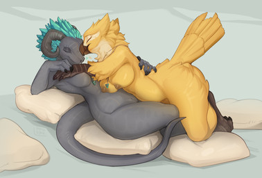 anthro anthro_on_anthro avian_feet beak big_breasts breasts claws cuddling curved_horn duo feather_hair feathers female female/female genitals grey_body grey_scales horn hug intimate jewelry kneeling lying necklace nipples non-mammal_breasts non-mammal_nipples nude on_back pseudo_hair scales scuted_arms scutes sex straddling tail tail_feathers vulva yellow_body yellow_feathers inno-sjoa mythology avian bird dragon mythological_creature mythological_scalie scalie wingless_dragon 2023 digital_media_(artwork) hi_res