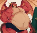 anthro belly belly_overhang big_belly big_pecs flexing flexing_bicep flexing_both_biceps flexing_muscles male mirror moobs muscular muscular_arm muscular_arms overweight overweight_male pecs pose solo tail vetrowolf mythology chili_(gargantuanchili) dragon mythological_creature mythological_scalie scalie hi_res