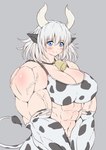 abs animal_print bell biceps big_muscles blue_eyes cow_print deltoids female grey_hair hair horn huge_muscles muscular solo tail vein dendmy animal_humanoid bovid bovid_humanoid bovine bovine_humanoid cattle_humanoid humanoid mammal mammal_humanoid absurd_res hi_res