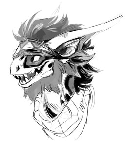 fur hair horn open_mouth smile solo teeth tongue jeniak 2015 digital_media_(artwork) headshot_portrait monochrome portrait