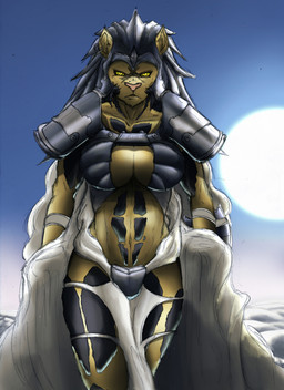 anthro armor big_breasts breasts brown_body brown_fur clothing day ear_piercing female fur looking_at_viewer outside piercing pink_nose sky solo sun yellow_eyes umpherio hasbro magic:_the_gathering wizards_of_the_coast kemba_kha_regent catfolk felid leonin mammal pantherine absurd_res hi_res