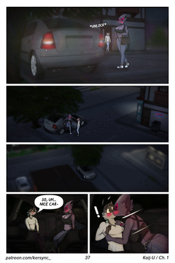 blush blush_lines bottomwear bulge car clothed clothing college_student denim denim_bottomwear denim_clothing dialogue duo female flirting interrupted jeans jewelry kiss_on_lips kissing makeup male mascara pants purse running_makeup running_mascara shirt speech_bubble student surprised text topwear vehicle kersync godzilla_(series) toho terra_(kersync) zill_(kersync) zilla hybrid kaiju monster muto_(godzilla) 2025 2:3 absurd_res comic english_text hi_res multiple_scenes story url