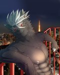 abs accessory anthro black_body black_fur city city_background fur hair headband male muscular muscular_anthro muscular_male nipples pecs red_eyes scar shirtless solo white_hair crazy_sll lifewonders tokyo_afterschool_summoners tadatomo_(tas) canid canine canis domestic_dog mammal hi_res