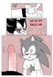 5_fingers anthro becoming_erect big_eyes big_head blush bulge clothed clothing comic dialogue didichann duo ellipsis english_text erection erection_under_clothing eulipotyphlan exclamation_point fingers flat_colors genitals gloves handwear hedgehog humanoid_genitalia humanoid_penis looking_at_genitalia looking_at_penis male male/male mammal penis sega shadow_the_hedgehog sonic_the_hedgehog sonic_the_hedgehog_(series) text toony