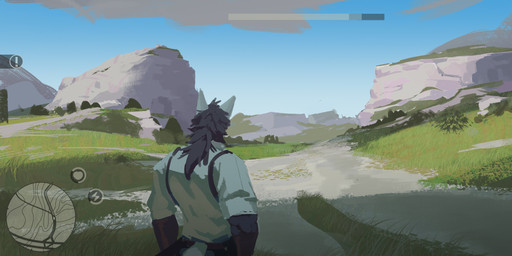 anthro blue_sky clothed clothing cloud grass grey_body grey_hair hair male male_anthro minimap obscured_eyes outside plant rear_view shrub sky solo standing topwear white_clothing white_ears white_topwear awaldkize absurd_res hi_res