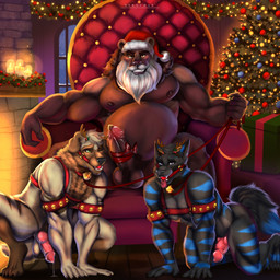 accessory all_fours animal_genitalia animal_penis anthro ball_gag balls bdsm beard biceps bodily_fluids bound brown_body canine_genitalia canine_penis chair christmas_clothing christmas_decorations christmas_headwear christmas_lights christmas_tree clothing collar erection facial_hair fake_antlers fake_horns feet fingers fur furniture gag gagged genital_fluids genital_piercing genitals group half-closed_eyes harness hat hat_only headgear headgear_only headwear headwear_only holding_leash holding_object holidays humanoid_genitalia humanoid_penis inside leaking_precum leash leashed_collar looking_at_viewer male male/male mostly_nude muscular muscular_anthro muscular_male narrowed_eyes nude overweight overweight_anthro overweight_male penis penis_accessory penis_bow penis_piercing penis_ribbon piercing plant precum prince_albert_piercing ribbons saliva saliva_string santa_hat smile spread_legs spreading tail toes tongue tongue_out tree trio nekochan002 christmas bear canid canine canis domestic_cat domestic_dog felid feline felis mammal 1:1 digital_media_(artwork) hi_res