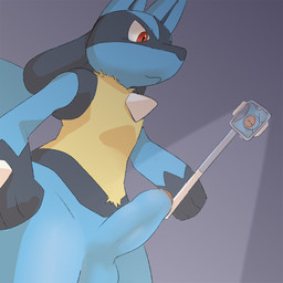 3_fingers anthro balls biped black_body black_fur black_inner_ear black_markings blue_balls blue_body blue_fur blue_penis blue_tail chest_spike erection facial_markings fingers foreskin fur genitals glans glistening glistening_eyes grey_background hand_spike head_markings holding_object humanoid_genitalia humanoid_penis male male_anthro markings mouth_closed multicolored_body multicolored_fur neck_tuft nude nude_anthro nude_male partially_retracted_foreskin penis pink_glans pointy_ears prick_ears pupils red_eyes selfie_stick simple_background slit_pupils solo spikes spikes_(anatomy) tail tuft yellow_body yellow_fur pu_sukebe nintendo pokemon canid canine generation_4_pokemon lucario mammal pokemon_(species) 1:1 2021 digital_drawing_(artwork) digital_media_(artwork) hi_res