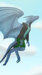 anthro barefoot blue_body blue_eyes blue_sky bottomwear claws clothed clothing cloud ear_fins feet female fin hoodie markings membrane_(anatomy) membranous_wings pupils shirt shorts sky slit_pupils solo striped_body striped_markings stripes tail topwear wings misterluk mythology norna dragon mythological_creature mythological_scalie reptile scalie 9:16 absurd_res hi_res signature