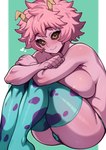 areola areola_slip big_breasts big_butt black_sclera breast_squish breasts butt clothed clothing female hair horn huge_breasts legwear not_furry pink_body pink_hair pink_skin sitting solo squish thick_thighs thigh_highs thong topless underwear yellow_eyes melonpuff my_hero_academia ashido_mina horned_humanoid humanoid quirked_human_(my_hero_academia) absurd_res hi_res