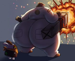 anthro barefoot big_butt bottomwear brown_body brown_fur butt clothing duo explosion feet fur holding_object huge_butt hyper hyper_butt jacket male overweight overweight_anthro overweight_male pants rear_view topwear weapon white_bottomwear white_clothing white_jacket white_pants white_topwear megacoolbear mihoyo zenless_zone_zero ben_bigger bear mammal 2025 hi_res
