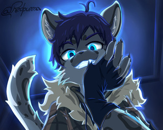 anthro biped bite biting_glove blue_eyes blue_hair claws clothed clothing fingerless_gloves fluffy fluffy_tail fur gloves glowing glowing_eyes hair handwear looking_at_viewer looking_down male male_anthro markings mittens seductive solo spots tail teeth topwear white_body white_fur redpurr felid mammal pantherine snow_leopard 5:4 digital_media_(artwork) hi_res