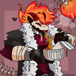 2_horns anthro arm_wraps belt_buckle black_body black_clothing black_fingerless_gloves black_gloves black_handwear black_jacket black_topwear blush blush_lines bodily_fluids bone bone_tail buckle chopsticks clothed clothed_anthro clothed_male clothing collar container cuff_(restraint) eating fingerless_gloves fire flaming_hair food front_view fully_clothed fully_clothed_anthro fully_clothed_male fur_trim_(clothing) gloves handwear head_horn heart_symbol holding_chopsticks holding_container holding_object horn jacket male noodles pseudo_hair pupils purple_background purple_body purple_inner_ear red_eyes red_sclera restraints shackles simple_background skull skull_head slit_pupils solo steam sweat sweatdrop_(iconography) sweaty_face tail text topwear underbite wraps skykdotidot unknown_species 1:1 2024 artist_name digital_drawing_(artwork) digital_media_(artwork) half-length_portrait hi_res portrait