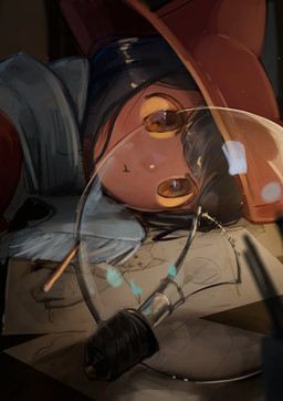 ambiguous_gender anthro blue_hair brown_eyes clothed clothing detailed_background drawing eraser hair hat headgear headwear light_bulb orange_sclera pencil_(object) resting scarf solo yellow_sclera young shadches oneshot niko_(oneshot) domestic_cat felid feline felis mammal 2025 absurd_res digital_media_(artwork) hi_res