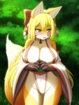 5_fingers anthro asian_clothing big_breasts blonde_hair blush breasts brown_body brown_fur claws cleavage clothed clothing cute_fangs east_asian_clothing embarrassed fangs female female_anthro finger_claws fingers fur gloves_(marking) green_eyes hair high_cut_miko_outfit japanese_clothing kemono looking_away markings miko_outfit multicolored_body multicolored_fur open_mouth orange_body orange_fur pupils shrine_maiden slit_pupils solo teeth tongue white_body white_fur faroula canid canine fox mammal 2022 absurd_res digital_media_(artwork) hi_res portrait three-quarter_portrait