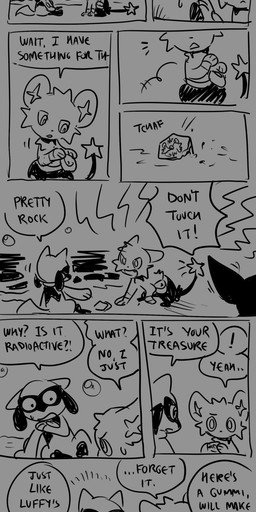 9_panel_comic ambiguous_gender anthro bag biped black_text bodily_fluids cloud day dialogue dizzy dot_pupils duo ellipsis exclamation_point feral fur looking_at_another motion_lines mouth_closed open_mouth outside paws quadruped question_mark rock sea sitting sound_effects speech_bubble sweat sweatdrop tail talking_to_another text water flavia-elric nintendo pokemon pokemon_mystery_dungeon spike_chunsoft derek_(flavia-elric) shen_(flavia-elric) generation_4_pokemon pokemon_(species) riolu shinx 2025 absurd_res comic english_text hi_res monochrome
