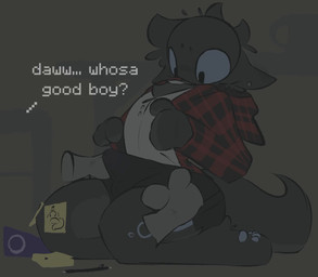 ambiguous_gender anthro aroused black_body black_eyes black_fur blinking blue_eyes blue_paws blush blush_lines bottomwear bulge circle_(marking) clothing disembodied_hand drawing_(object) ear_piercing ear_tuft ear_twitch erection erection_under_clothing foot_tuft fur good_boy grey_background grey_body grey_fur greyscale_background head_tuft leg_markings looking_down male male/ambiguous markings on_ground pattern_clothing pattern_topwear pawpads paws pen petting piercing plaid plaid_clothing plaid_topwear post-it_note praise_kink pupils ring_piercing shirt shorts simple_background sitting sitting_on_ground speech_marker tail text topwear tuft white_clothing white_shirt white_topwear dragonbooper 2026 animated english_text loop no_sound short_playtime video