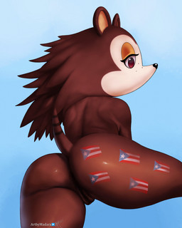 animal_ears anthro anus biped bodily_fluids brown_body brown_eyes brown_fur brown_hair brown_tail butt eyelashes eyeshadow female flag freckled_face freckles fur fur_markings genital_fluids genitals hair holidays looking_aside makeup markings mouthless nude presenting presenting_hindquarters presenting_vulva puerto_rican_flag pupils raised_leg rear_view ring_(marking) ringed_tail round_ears short_tail simple_background solo spines striped_markings striped_tail stripes tail tail_markings tattoo thick_thighs vaginal_fluids vulva artbymadara animal_crossing christmas nintendo sable_able animal_humanoid eulipotyphlan eulipotyphlan_humanoid hedgehog humanoid mammal mammal_humanoid 2025 absurd_res hi_res