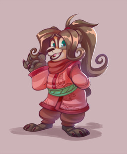 3_toes 4_fingers accessory anthro barefoot belt big_nose black_body black_fur black_hair black_nose bottomwear clothed clothed_female clothing countershade_face countershading feet female fingers fur green_belt green_eyes hair hair_accessory hair_ribbon long_hair looking_at_viewer mauve_background nails open_mouth pants pawpads paws pink_clothing pink_shirt pink_topwear plantigrade ponytail pose ribbons shirt smile solo standing teeth toes tongue toony topwear touching_hair twirling_hair young young_anthro young_female bfost blizzard_entertainment warcraft li_li_stormstout bear mammal pandaren 2017 colored digital_drawing_(artwork) digital_media_(artwork) hi_res