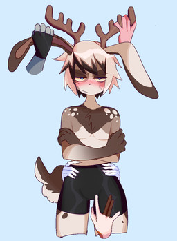 annoyed anthro antlers blush bottomwear clothed clothing disembodied_hand femboy fur grope hair hands_everywhere horn long_ears male petting scut_tail short_tail shorts solo spandex spandex_shorts tail tight_bottomwear tight_clothing tight_shorts dustbinrat aster_faye jackalope lagomorph leporid mammal rabbit digital_media_(artwork) hi_res