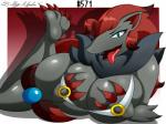 2016 4:3 anthro big_breasts blue_eyes breasts canid canine dalley-the-alpha female generation_5_pokemon hair hand_on_breast huge_breasts mammal nintendo pokemon pokemon_(species) red_hair solo tongue tongue_out zoroark