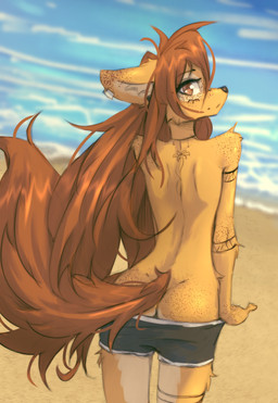 anthro beach biped butt clothed clothed_anthro clothed_female clothing day eyelashes female fingers freckled_arms freckled_butt freckled_ears freckled_face freckled_shoulders freckles fur hair long_eyelashes looking_at_viewer outside piercing rear_view sand solo speckle_freckles standing tattoo water tinygaypirate apogee_(tinygaypirate) canid canine canis domestic_dog mammal 2026 absurd_res digital_drawing_(artwork) digital_media_(artwork) hi_res