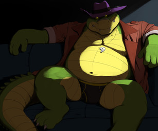 anthro belly briefs bulge clothing detailed_background furniture green_body hat headgear headwear humanoid_hands jacket kemono male moobs musclegut muscular navel nipples overweight overweight_male sitting sofa solo topwear underwear nookdae brok_the_investigator cowcat_games brok_(brok_the_investigator) alligator alligatorid crocodilian reptile scalie 2023 6:5 absurd_res hi_res