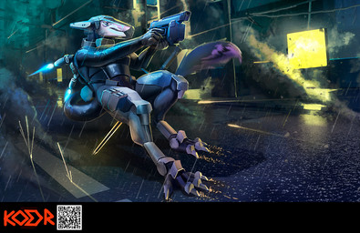anthro armor armor_plates city countershade_face countershading male neon_lights purple_body qr_code raining solo white_body kodr sergal