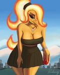 4:5 anthro anthrofied avian beverage_can big_breasts bracelet breasts building city clothed clothing collar conditional_dnp dress female generation_1_pokemon hair hi_res jewelry legendary_pokemon looking_at_viewer markings mole_(marking) moltres nintendo paradoxing pokemon pokemon_(species) pokemorph ring solo tied_hair