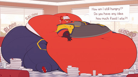 annoyed anthro belly belly_on_ground big_belly big_butt big_cheeks black_clothing black_eyes black_gloves black_handwear black_nose bloated blobby blorp blue_bottomwear blue_clothing blue_pants bottomwear butt chubby_cheeks clothing deep_navel dialogue footwear freckled_face freckles glorp gloves glunk_(sound_effect) grey_clothing grey_shirt grey_topwear hair hand_on_belly hand_on_own_belly handwear huge_belly huge_butt huge_thighs hyper hyper_belly hyper_butt hyper_thighs immobile inside jacket looking_at_belly looking_at_own_belly looking_down looking_down_at_self male morbidly_obese morbidly_obese_anthro morbidly_obese_male navel obese obese_anthro obese_male onomatopoeia open_mouth overweight overweight_anthro overweight_male pants plate red_clothing red_ears red_footwear red_inner_ear red_mouth red_shoes red_tongue sharp_teeth shirt shoes sitting solo sound_effects speech_bubble teeth text thick_thighs three-quarter_view tight_clothing tongue topwear underwear weight_gain white_clothing white_hair white_underwear window yellow_clothing yellow_inner_ear yellow_jacket_(clothing) yellow_sclera yellow_topwear ridiculouscake pyrocynical canid canine fox mammal 2021 absurd_res colored digital_media_(artwork) english_text flat_colors hi_res