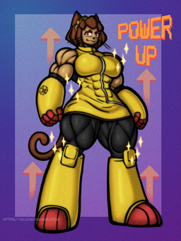 abs anthro bare_shoulders big_breasts big_muscles black_clothing breasts clothing eyewear eyewear_on_head female gameplay_mechanics goggles goggles_on_head growth huge_thighs long_tail muscle_growth muscular muscular_anthro muscular_arms muscular_female muscular_thighs red_eyes solo tail thick_thighs tight_clothing whiskers wide_hips yellow_clothing radarrid3r gameoverse glitch_productions kit_bodega domestic_cat felid feline felis mammal 3:4 absurd_res hi_res