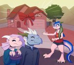 anthro building clothing eyes_closed group horn house outside plant smile tree drakawa mythology dragon mythological_creature mythological_scalie scalie