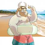 anthro beach beard clothing crown detailed_background facial_hair fur headgear horn long_ears male mature_anthro mature_male outside overweight overweight_anthro overweight_male sand seaside solo swimming_trunks swimwear white_body white_fur wdh3905 undertale undertale_(series) asgore_dreemurr boss_monster_(undertale) bovid caprine mammal 1:1 hi_res