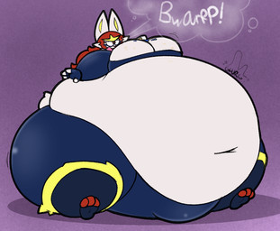 anthro belly big_belly big_breasts blue_bottomwear blue_clothing blue_fingerless_gloves blue_gloves blue_handwear blue_pants blue_shirt blue_topwear bottomwear breasts bulge burping clothing fingerless_gloves gloves gynomorph hair handwear huge_belly huge_breasts huge_thighs hyper hyper_belly hyper_breasts hyper_thighs intersex morbidly_obese morbidly_obese_anthro morbidly_obese_gynomorph morbidly_obese_intersex motion_lines navel obese obese_anthro obese_gynomorph obese_intersex onomatopoeia open_mouth overweight overweight_anthro overweight_gynomorph overweight_intersex pants pink_tongue purple_background red_eyes red_hair red_mouth shirt simple_background sitting solo sound_effects text thick_thighs three-quarter_view tight_clothing tongue topwear weight_gain white_ears yellow_inner_ear jalpunny nintendo pokemon flare_(jalpunny) cinderace generation_8_pokemon lagomorph leporid mammal pokemon_(species) rabbit 2026 colored digital_media_(artwork) hi_res shaded busty_boy_(lore) male_(lore)