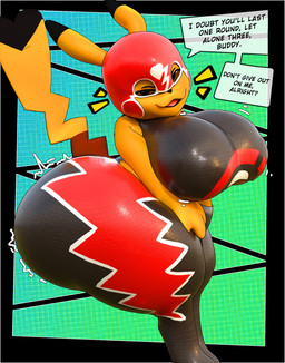 anthro big_breasts big_butt biped black_ear_tips black_nose black_tail_tip breasts butt clothed clothed_anthro clothed_female clothing cosplay_pikachu_(costume) dialogue dipstick_ears dipstick_tail ear_markings female huge_butt markings mask multicolored_clothing multicolored_ears open_mouth open_smile smile solo speech_bubble sports_mask sportswear tail tail_markings talking_to_viewer text wide_hips wrestler wrestling_mask wrestling_outfit yellow_body anaroth koreyvee_(modeler) nintendo pokemon pikachu_libre generation_1_pokemon pikachu pokemon_(species) 3d_(artwork) absurd_res digital_media_(artwork) english_text hi_res