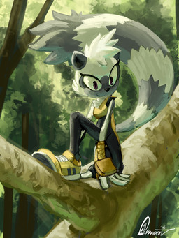 anthro black_nose clothing female fingerless_gloves footwear forest gloves handwear in_tree plant smile solo tree osmenn idw_publishing sega sonic_the_hedgehog_(comics) sonic_the_hedgehog_(idw) sonic_the_hedgehog_(series) tangle_the_lemur haplorhine lemur mammal monkey primate ring-tailed_lemur strepsirrhine 2018 3:4 hi_res signature