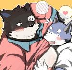 anthro black_nose blush countershading duo eyes_closed heart_symbol male male/male muscular muscular_male nipples open_mouth teeth bearlovestiger13 lagoon_lounge seiya_inami yamato_hitofumi canid canine canis domestic_cat felid feline felis mammal wolf 2015