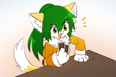 4_fingers anthro card clothing ear_tuft female fingers furniture gradient_background green_eyes green_hair hair open_mouth playing_card simple_background solo table tuft sollyz sundyz domestic_cat felid feline felis mammal 2020