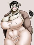 2_horns anthro big_breasts black_hair black_spots breasts clothing dress ear_piercing female green_eyes hair horn huge_breasts muscular muscular_anthro muscular_female piercing pink_nose simple_background smile solo spots thick_thighs limbo6_6 ingrid_(limbo6_6) bovid bovine cattle mammal absurd_res hi_res