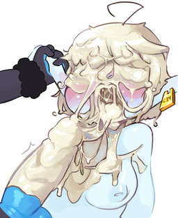 ahoge anthro asphyxiation bodily_fluids breasts cum cum_covered cum_in_hair cum_in_mouth cum_in_throat cum_inside cum_on_breasts cum_on_face duo ear_piercing ear_pull excessive_cum excessive_genital_fluids faceless_character faceless_male female genital_fluids genitals hair happy inverted_nipples male male/female messy nipples open_mouth penis piercing simple_background slime solo_focus squish scorci chelsi bovid caprine mammal sheep 2018 hi_res