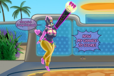 anthro areola areola_slip beach belt big_breasts black_body black_fur blue_eyes bottomwear breasts catching clothed clothing crop_top crown dialogue energy female fur grass hair headgear holowear_(pokemon) jumping nipple_slip nipples open_mouth outside pants pink_areola pink_body pink_fur pink_hair pink_nipples plant shirt solo tall_grass text tiara topwear translucent translucent_bottomwear translucent_clothing translucent_pants under_boob whiskers afc nintendo pokemon pokemon_unite dancer_style_zorua zabrina_(afc) canid canine generation_5_pokemon mammal pokemon_(species) zorua hi_res