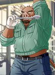 anthro beard bottomwear brown_body brown_fur bulge clothing facial_hair fur humanoid_hands kemono male musclegut muscular pants shirt slightly_chubby solo topwear jacklantern_11 mammal suid suine sus_(pig) wild_boar 2020