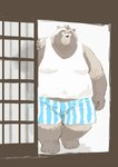 anthro belly big_belly black_nose brown_body clothing humanoid_hands kemono male overweight overweight_male shirt solo topwear underwear sessa canid canine mammal raccoon_dog tanuki 2023 hi_res