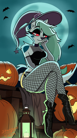 anthro boots breasts cleavage clothed clothed_anthro clothed_female clothing costume crossed_legs female fishnet_clothing fishnet_leggings fishnet_legwear footwear full_moon fur green_hair hair halloween_costume hand_on_cheek hat headgear headwear high_heeled_boots high_heels holidays jack-o'-lantern lamp lantern leggings legwear midriff moon night pupils red_sclera shoes sitting slit_pupils smile solo thong_straps translucent_elbow_gloves white_body white_eyes white_fur witch_costume witch_hat starpaintart halloween hellaverse helluva_boss mythology loona_(helluva_boss) ambient_bat canid canid_demon canine demon hellhound mammal mythological_canine mythological_creature 2024 absurd_res full-length_portrait hi_res portrait