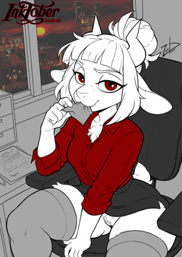 bottomwear chest_tuft clothed clothing clothing_lift female fur shirt skirt skirt_lift solo topwear tuft white_body white_fur zoobastik helltaker inktober inktober_2025 lucifer_(helltaker) bovid caprine goat mammal absurd_res hi_res