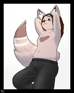 anthro belly black_border black_inner_ear blush border bottomwear brown_hair clothing denim denim_bottomwear denim_clothing fur hair hands_behind_head heart_(marking) inner_ear_fluff jeans long_hair looking_at_viewer looking_down looking_down_at_viewer male markings navel pants shirtless_anthro shirtless_male simple_background slightly_chubby slightly_chubby_anthro slightly_chubby_male snaggle_tooth solo tail tan_body tan_fur tuft white_background white_inner_ear_fluff silvia_nexus_(artist) mike_(gratisaritor) felid feline mammal 2026 digital_drawing_(artwork) digital_media_(artwork) english_description hi_res