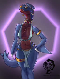 anthro biped black_sclera breasts clothed clothing ear_piercing ear_ring female front_view gem glowing glowing_eyes gold_(metal) gold_jewelry inner_boob jewelry medium_breasts piercing ring_piercing slim solo thick_thighs yellow_eyes blindmelon88 nintendo pokemon garchomp generation_4_pokemon pokemon_(species) hi_res portrait shaded three-quarter_portrait