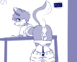 anthro anus backsack balls bent_over bodily_fluids bottomwear bottomwear_down briefs briefs_around_legs briefs_down butt clock clothed clothing flaccid fluffy fluffy_tail foreskin frown furniture genitals inside looking_back male o'clock on_table pants pants_around_ankles pants_down partially_clothed penis perineum presenting presenting_hindquarters raised_clothing raised_shirt raised_tail raised_topwear rear_view shirt simple_background slim slim_anthro slim_male slim_young small_penis snout solo table tail tears topwear underwear underwear_down young young_anthro flying_fox_(artist) canid canine fox mammal blue_and_white monochrome purple_and_white signature sketch